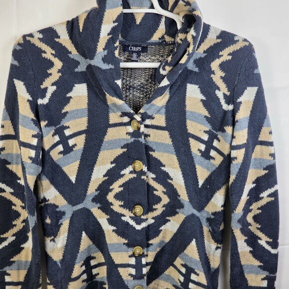 Chaps Women's Large Knit Western Weave Blue / White/ Creme Cardigan - Picture 3 of 8